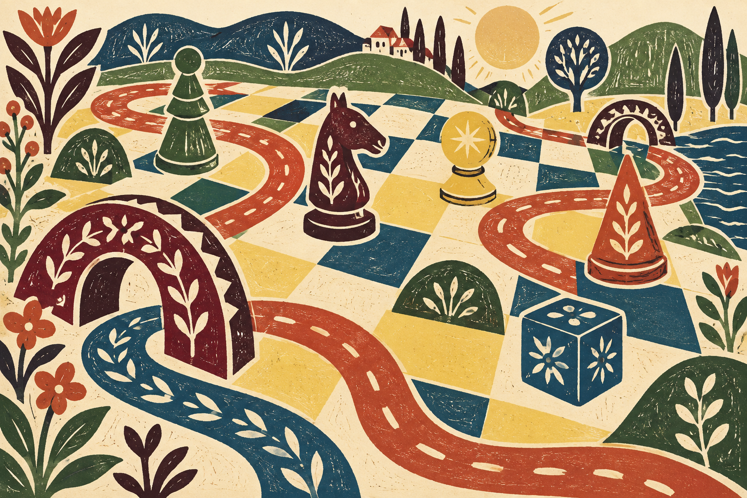 A colorful checkered world with winding paths and decorative plants