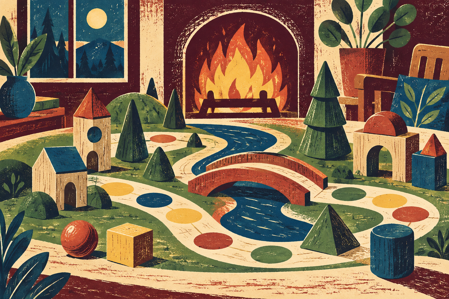 Print-style abstract paths and wooden forms near a warm hearth