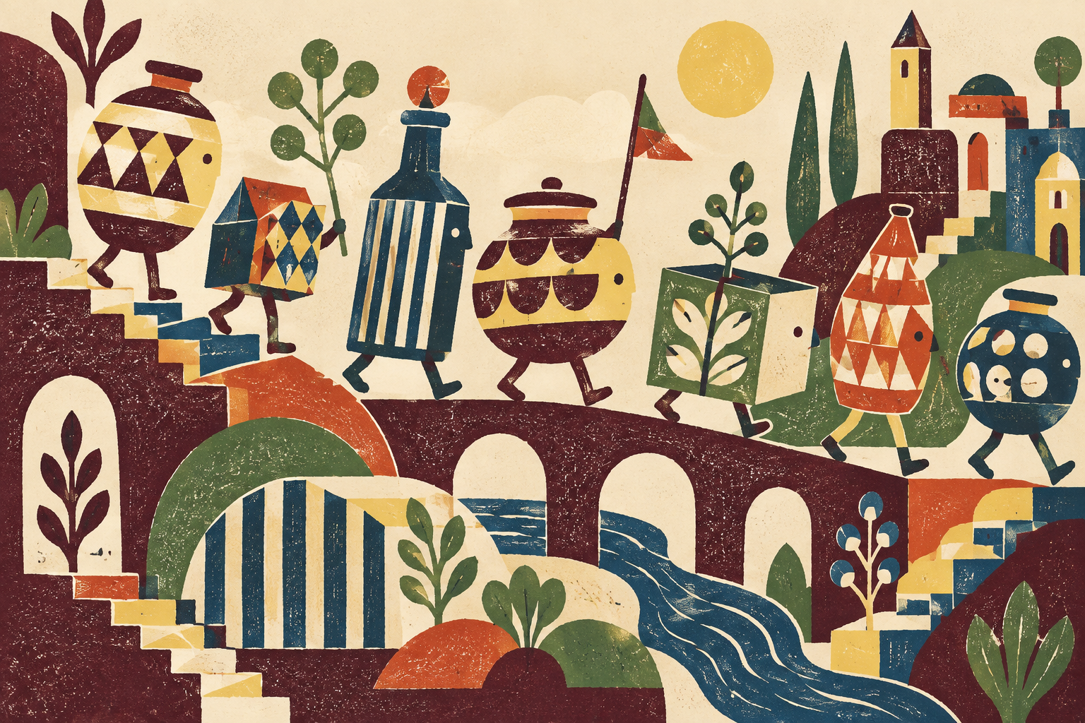 A whimsical parade of patterned geometric objects